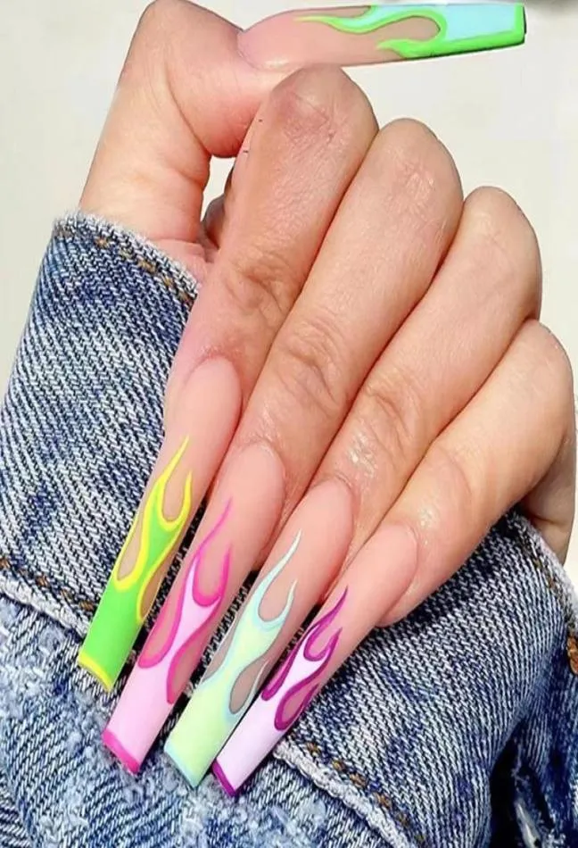 False Nails False Nails 24Pcs Long Ballet Matte With Glue Green Purple Flame Detachable Press On Acrylic Fake Nail Tips Manicure ToolsFalse5689989