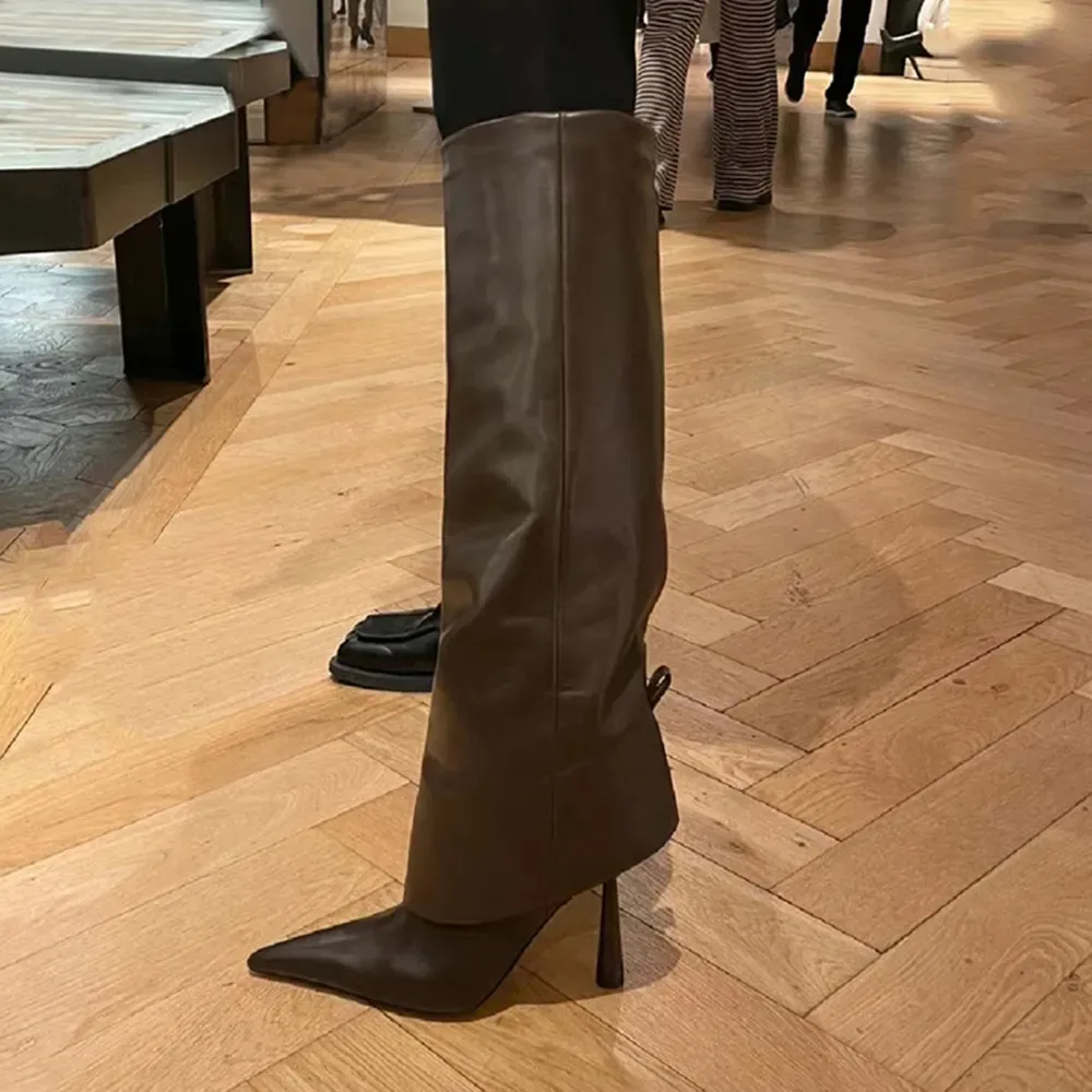 Lyxdesigners kalvskinn läder kvinnor skor gia borghini knäslängd byxor formade stövlar stilett klackar mode tall higi boot mandel tå