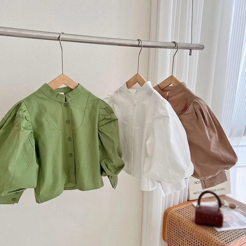 Camicie per bambini Abbigliamento per bambini e ragazze colletto alla coreana monopetto manica a bolle tinta unita camicia da ragazza casual bianca verde 230403