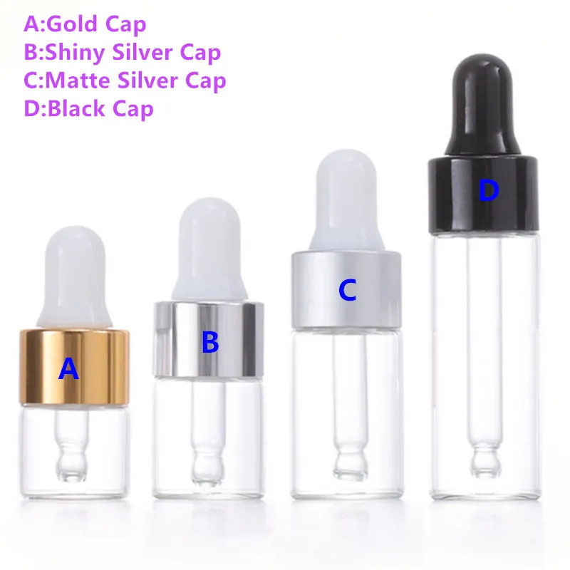 サンプル用のミニエッセンシャルオイルガラスボトルをクリア化する化粧品ドロッパーボトル用1ml 2ml 3ml 5mlとゴールドシルバーブラックキャップ