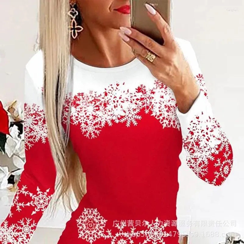 Casual Dresses Christmas Snowflake Long Sleeve Bodycon Dress Y2K Midi Sheath Women O-neck High Waist Winter Sexy Mini