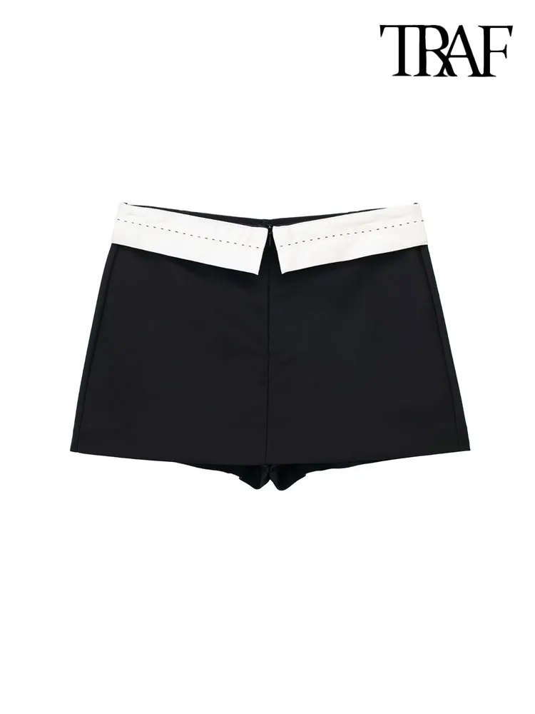 Women's Shorts TRAF Women Fashion With Contrast Seam Shorts Skirts Vintage High Waist Zipper Fly Female Skort Mujer 230403