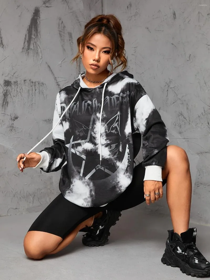 Dames Hoodies Bold Shade Gothic Donkere Tie Dye Print Sweatshirts Jaren '90 Grunge Streetwear Vrouwen Herfst Punk Capuchon Losse Pentagram Truien