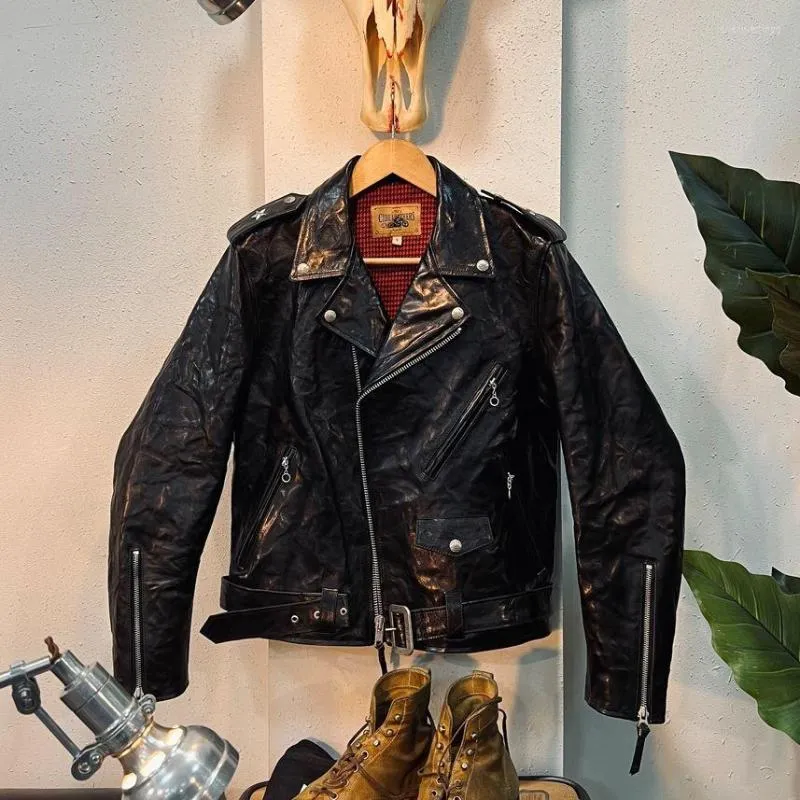 Herrjackor skräddarsydda Brando 22-23 Italien helt grönsak garvad Cowhide Classic 613 Kort Mäns vintage Biker Jacket Talon Aluminium