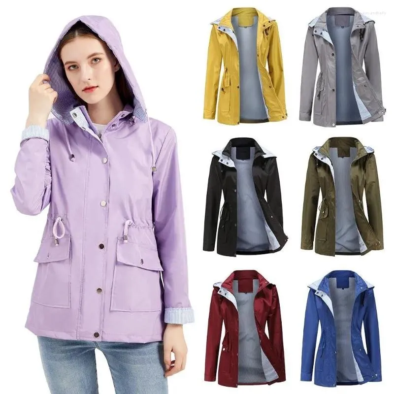Women's Trench Coats S-3XL Women Jacket Hooded Outdoor Rain Water Proof Windbreaker Drawstring Waist Plus Size Spring Autumn Casual Slim