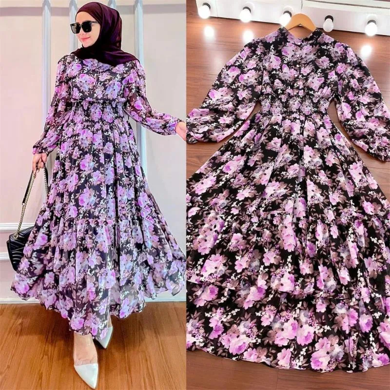 Etnik Giyim Kadınları Vintage Floral Baskılı Tam Kollu Bahar Sonbahar Elbise Retro Ofis Maxi Elegant Ladies Party Casual Uzun Gömlek