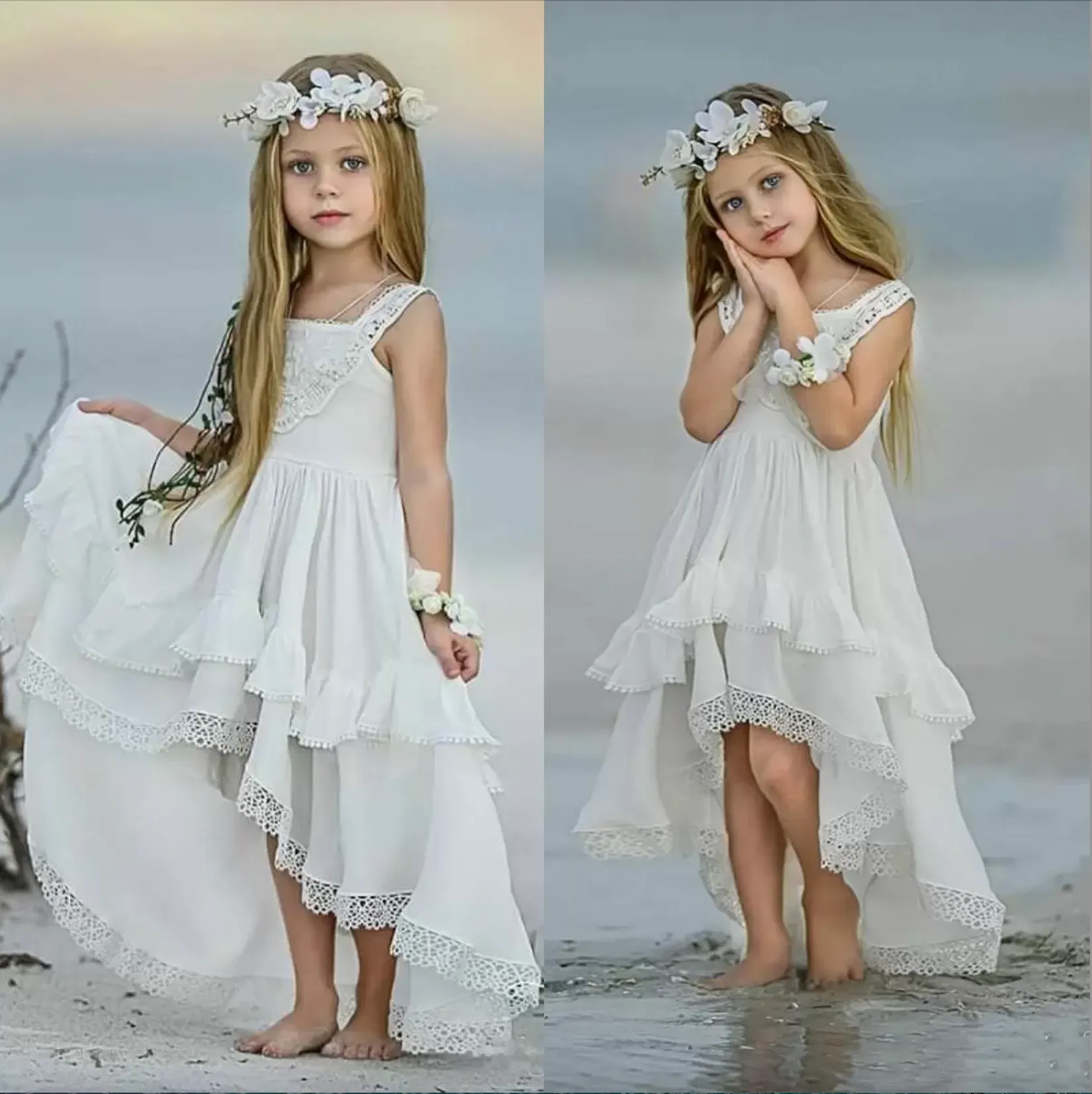 Bohemian High Low Flower Girl Dresses For Beach Wedding Pageant Gowns A Line Boho Lace Appliqued Kids First Holy Communion Dress