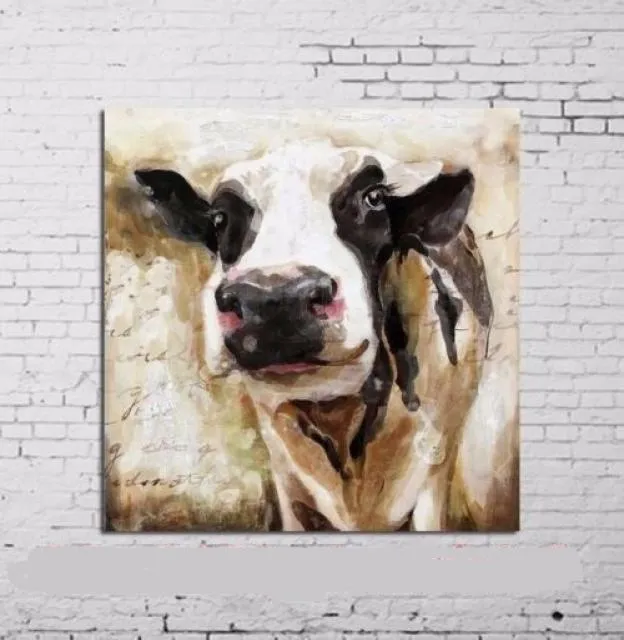 Vaca fofa pintada à mão decoração de parede abstrata contemporânea desenho animado arte pintura a óleo multi tamanhos personalizados emoldurado ynqp A0582068387