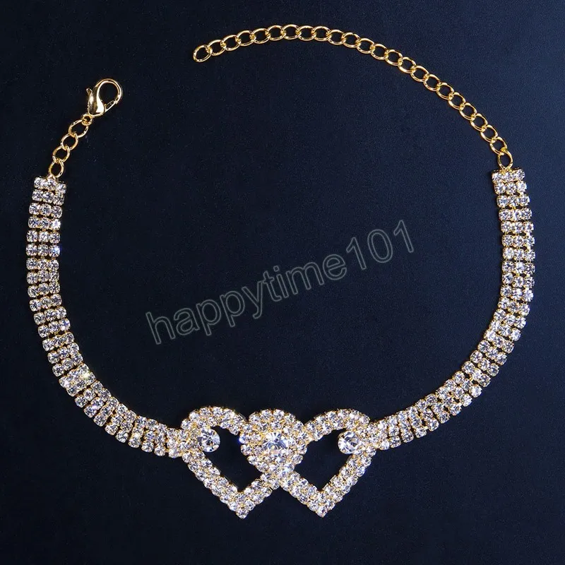 Mode argent couleur strass Double coeur cheville pour les femmes Bling évider pied cheville jambe Bracelet chaîne bijoux