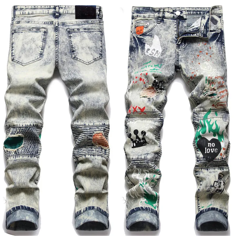 Brand New Mens Robin Jeans Ripper Denim Pants Skinny fit Slim Color Painted stretch Men's Miri Biker Jean Trousers Patchwork Distressed Grey Patch Moto wear