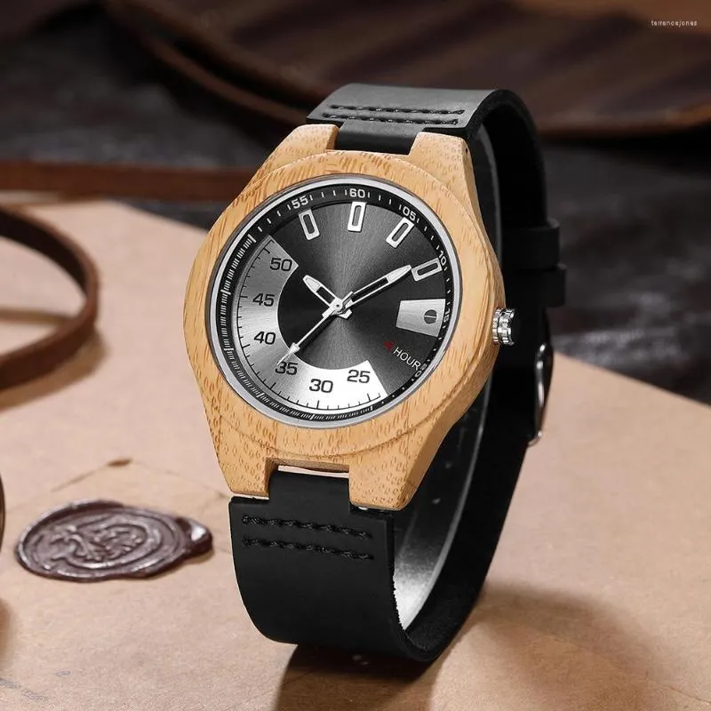 Armbanduhren Einzigartige spezielle Stunden- und Minutenfunktionen Anzeige Holz-Quarz-Armbanduhr Mann Minimalistische Retro-Lederuhr Holzuhren