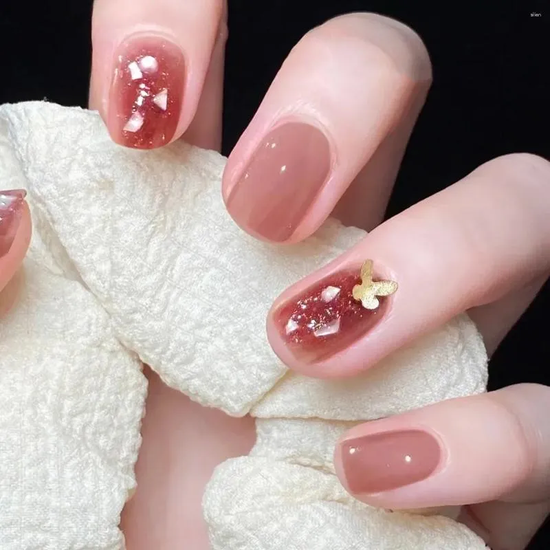 Unhas falsas rosa e borboleta temperamento curto wearable realce de unhas com branco para linda menina arte imprensa em