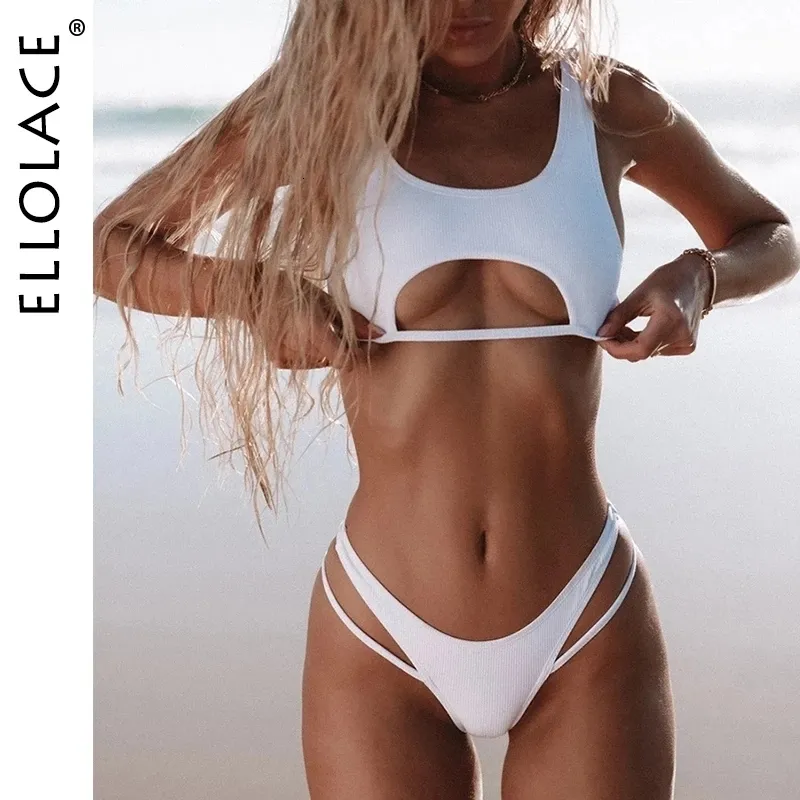 MEDIO DE ARIMELAÇÃO feminina Ellolace Sexy Bikini Hollow Out Feminino Swimsuit High Cut Micro Swdaywear Sweet Bathing Suit de traje de praia 2 peças 230403