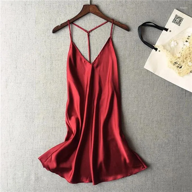 Women's Sleepwear Satin Nightgown Silk Women Sexy Strap Night For Dress Nightwear Spaghetti Ladies Quality Deep Female Heigh