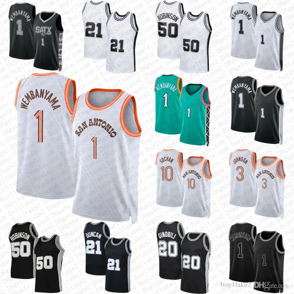 Victor Wembanyama Basketball Jerseys San 2023 2024 City Antonio Jersey Spur Blanc Blanc Black Green 50 David Robinson 21 Shirts rétro