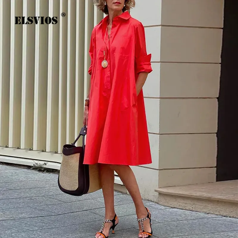 Casual Dresses Autumn Simple Shirt Dress Casual Solid Color Long Sleeves Fashion Turn-down Collar Elegant Pocket Streetwear Female Dresses 230403