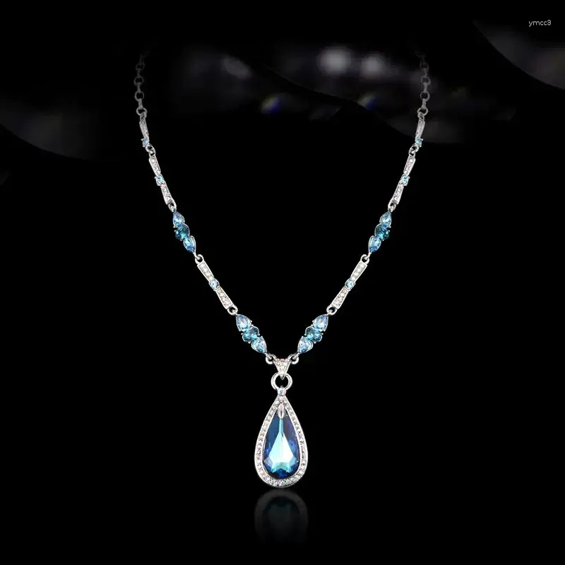 Charms de luxo de gargantilha colar de cor prata para mulheres que gota de água em forma de pêra austria azul cristal pingente de jóias de pescoço feminino