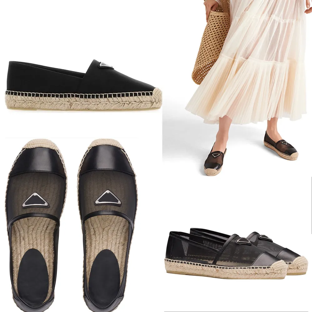Meshn 및 nappas 가죽 espadrilles 드레스 신발 1S80 색상 사막 베이지 에나멜 금속 삼각형 로고 캐주얼 패션 단일 신발 편안한 어부 신발