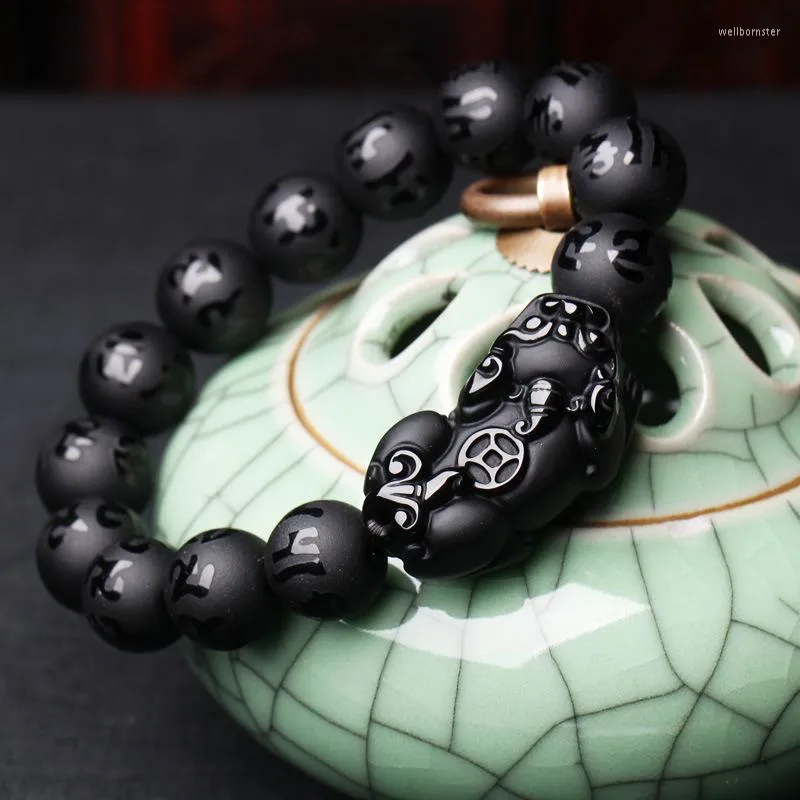 Strand Natural Obsidian Fengshui Pixiu Bracelet Men Women Black Jades Brave Troops Six-word Mantra Bead Bangle Lucky Amulet Gift