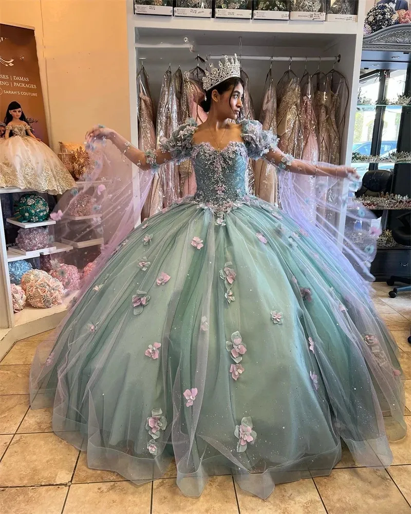 Princess Sweetheart Ball Gown Quinceanera Dresses Beaded Celebrity Party Gowns 3D Flowers Graduation Lantern Sleeve Vestido De