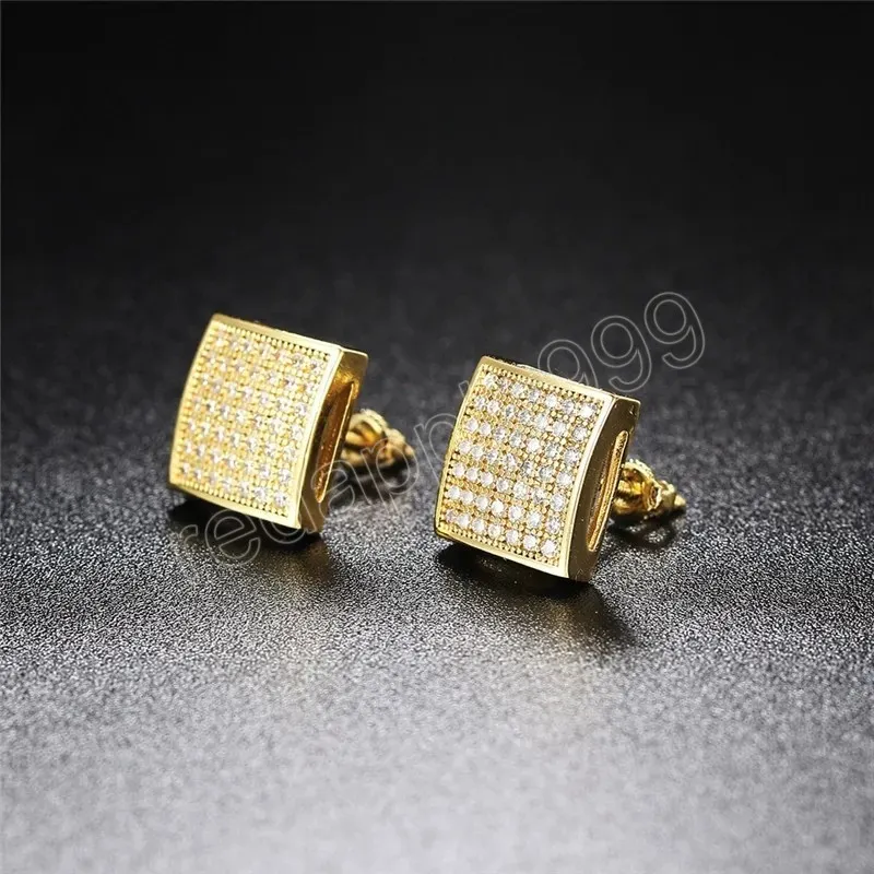 Nya Hip Hop -örhängen för män Guld Silver Iced Out CZ Square Stud Earring med skruv bakåt smycken