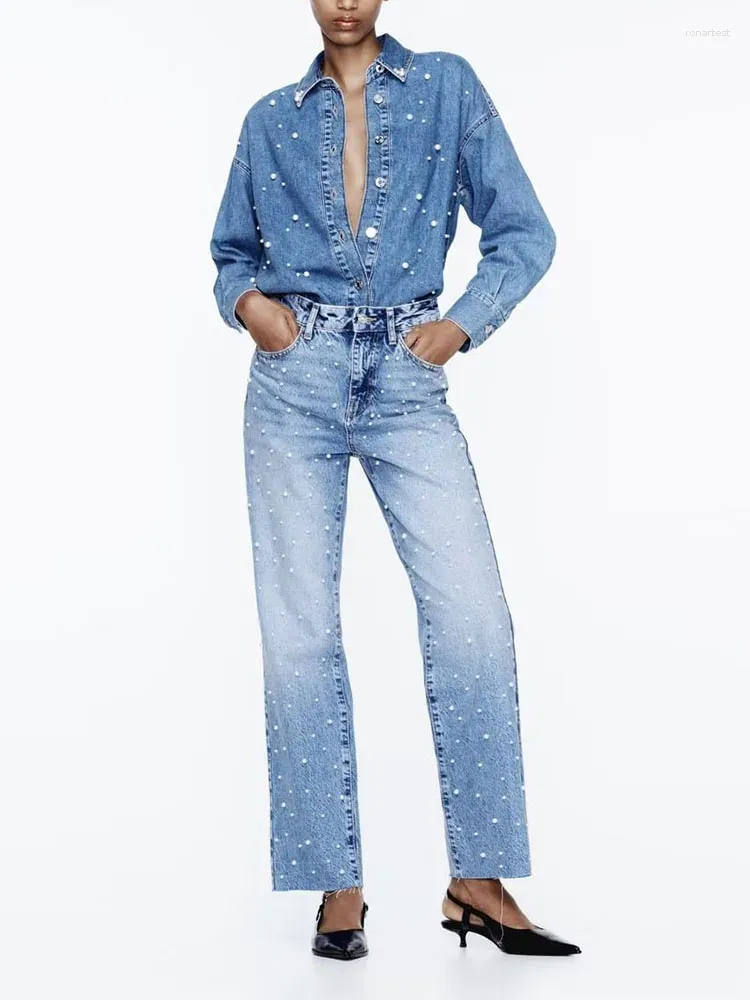 Женские блузки, осенняя модная европейская и американская повседневная джинсовая рубашка на пуговицах с бисером