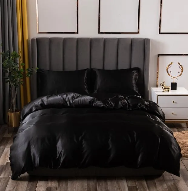 Luxury Bedding Set King Size Black Satin Silk Comforter Bed Home Textile Queen Size Duvet Cover CY2005199295285