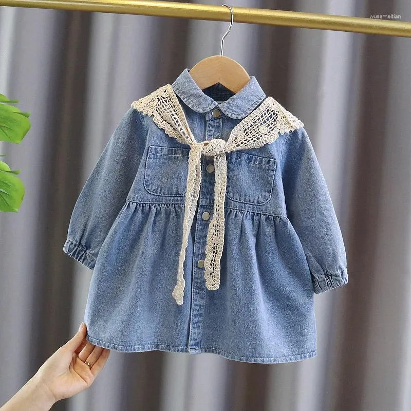 Flickaklänningar 2023 Autumn Kids Boutique Clothes Girls Dress Korean Jeans Solid Color Sweet All-Match Slå ner kragen a-line mode