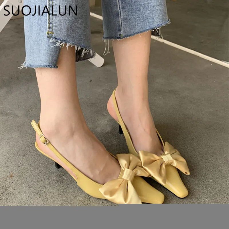 Bahar sandalet suojialun marka kadınlar sandal moda büyük yay düğüm sığ kayma bayanlar slingback ayakkabıları ince yüksek topuk p