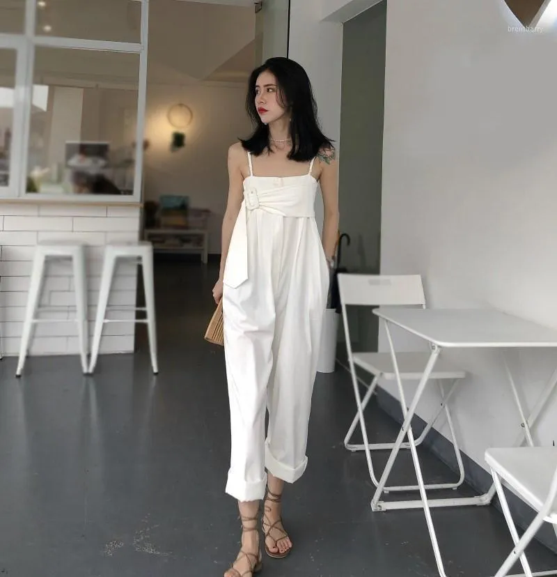 Kvinnors jumpsuits rompers eleganta kvinnor spaghetti strap knapp avslappnad ärmlösa breda ben overaller hög midja rygglös