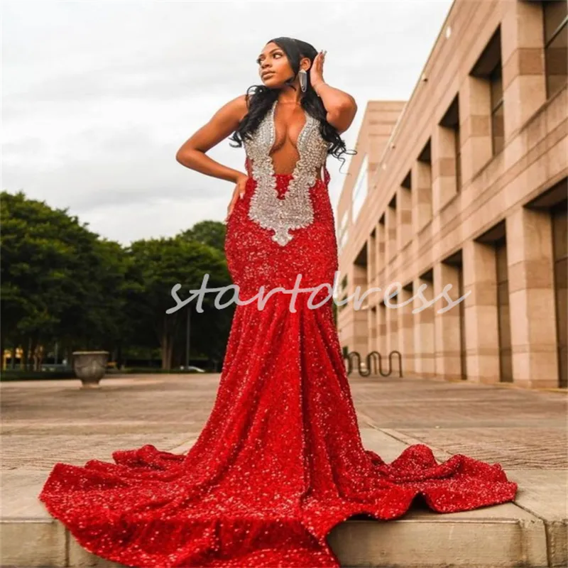 Shinny Bloskly Red Sequin Dress for Black Girls Sexy Open Back Syrenca Glitter Evening Suknie