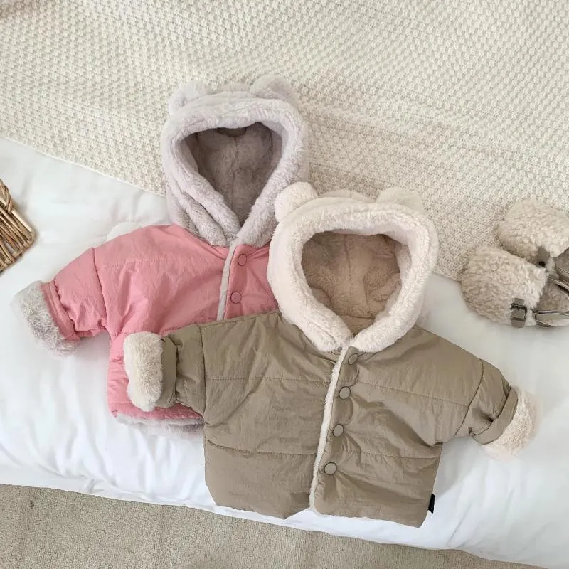 Jackets 2023 Winter Baby Girl Cute Bear Ear Plush Coat Long Sleeve Infant Boy Warm Hooded Jacket Kids Toddler Plus Velvet Thick