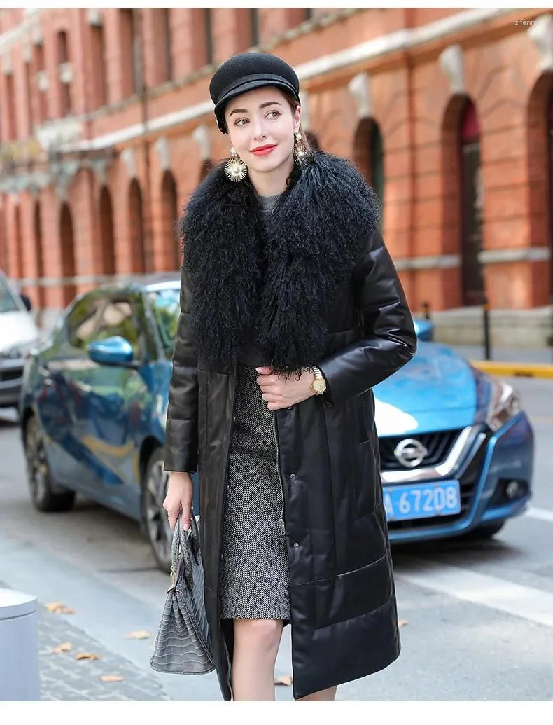 Women's Leather Jacket Winter Genuine Women Wool Fur Collar Long Sheepskin Coat Female Korean 90% White Duck Down Jac2023