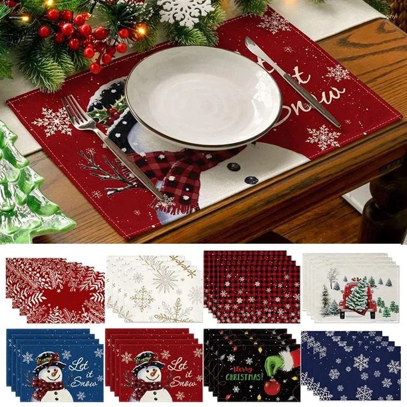 Tapis de Table 4 pièces, napperons de noël pour bonhomme de neige, motif d'arbre de noël imprimé, tapis de repas individuel, décor de fête