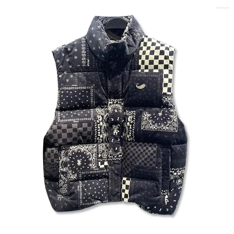 Gilet da uomo Giacca retrò giapponese in piumino d'anatra bianca con fiori di anacardi Gilet nero Colletto rialzato Cappotto senza maniche da uomo con stampa calda ispessita