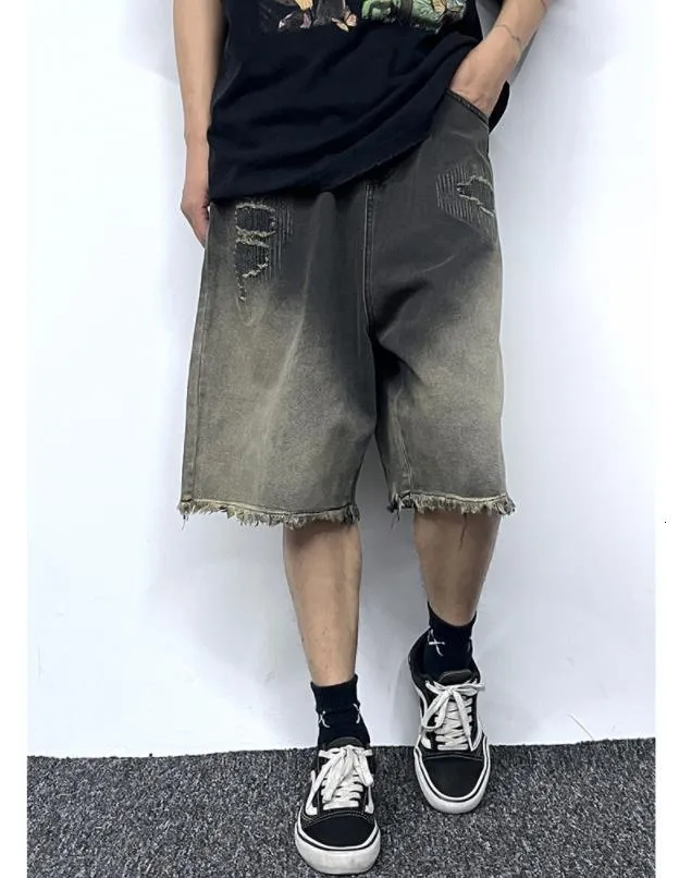 【KOOLOSET】Raw Vintage Gray Tin Bermuda Denim Vintage Tie Dye Raw Hem Denim Shorts: Loose Hip Hop Style