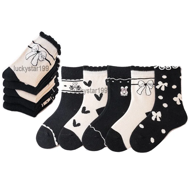Baby Girl Cotton Socks Children Cartoon Bow Designer Strumpor Girls Autumn and Winter Soft Sock 5 Par/Dozen