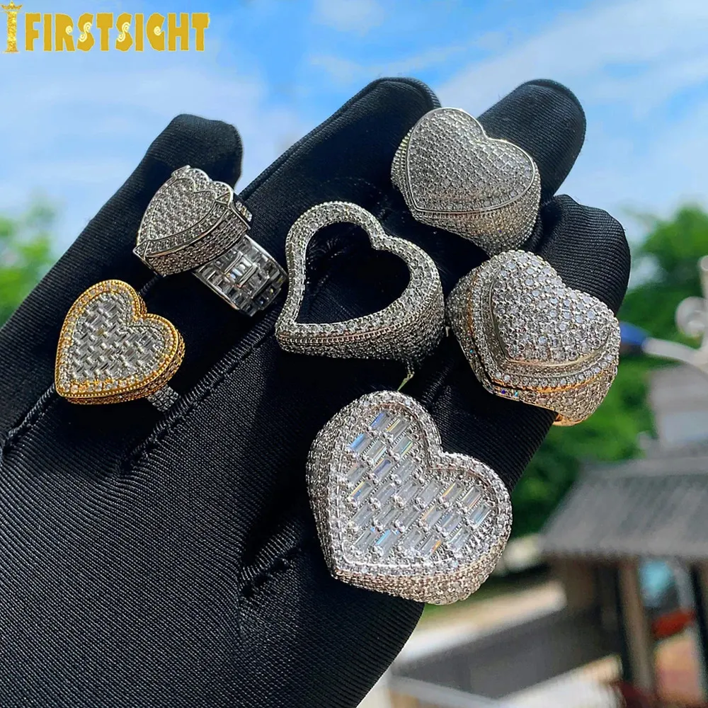 Band Rings 2023 Iced Out Hollow Heart Ring Gold Plated Bling CZ Micro Pave Cubic Zircon Big Hip Hop Punk Men Women Jewelry 231102
