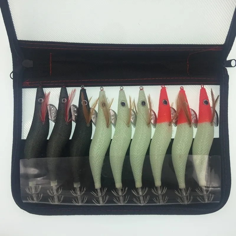 Yemler Kalamar jigs cazibesi 9pcsbag ahşap karides kancası yapay ahtapot mürekkep balığı yem 3.5# 3.0# 2.5# balıkçılık cazibesi seti 230403