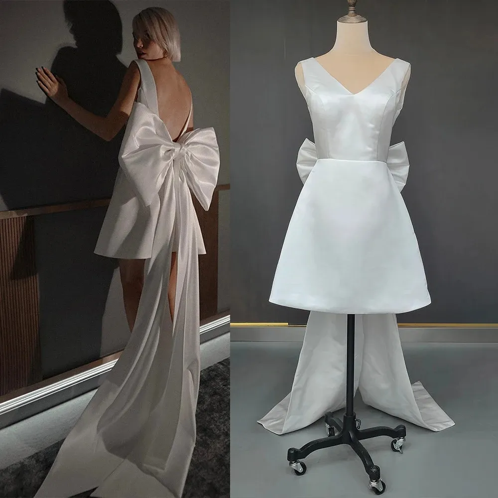 Mini vestido de casamento de cetim comprimento curto marfim sem costas ombro de fora vestidos de noiva minimalistas com laço grande 328 328