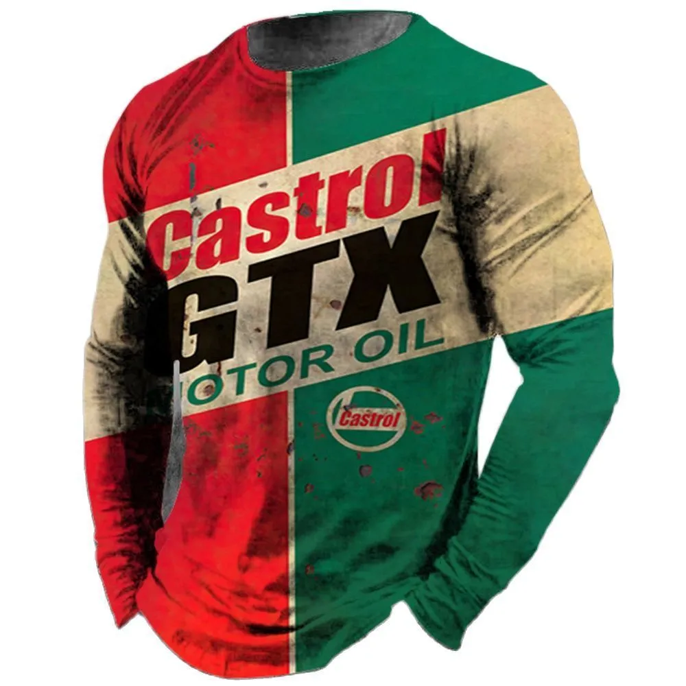 Mens camisetas vintage camiseta de manga comprida camisetas de algodão castrol Óleo gráfico 3D Prind Motorcycle Camise