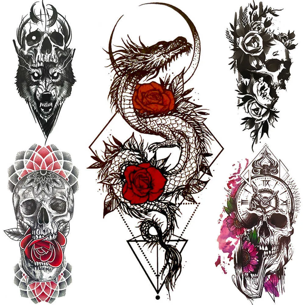 Tatouages temporaires 3D Squelette Faux Tatouage Temporaire Pour Femmes Hommes Mort Crâne Dragon Tatouages Géométrique Rose Creative Étanche Tatoos Poitrine Taille Z0403