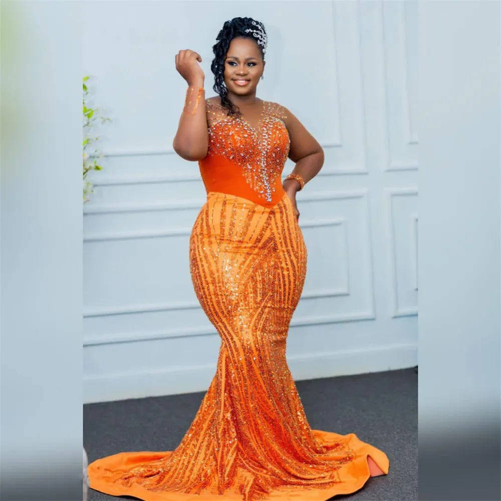 Nov Aso 2023 EBI Arabic Orange Mermaid Adus abito da ballo in perline Cristalli serali Formale Reception Birthday Gowns Abiti abiti Robe de Soiree ZJ337 ES