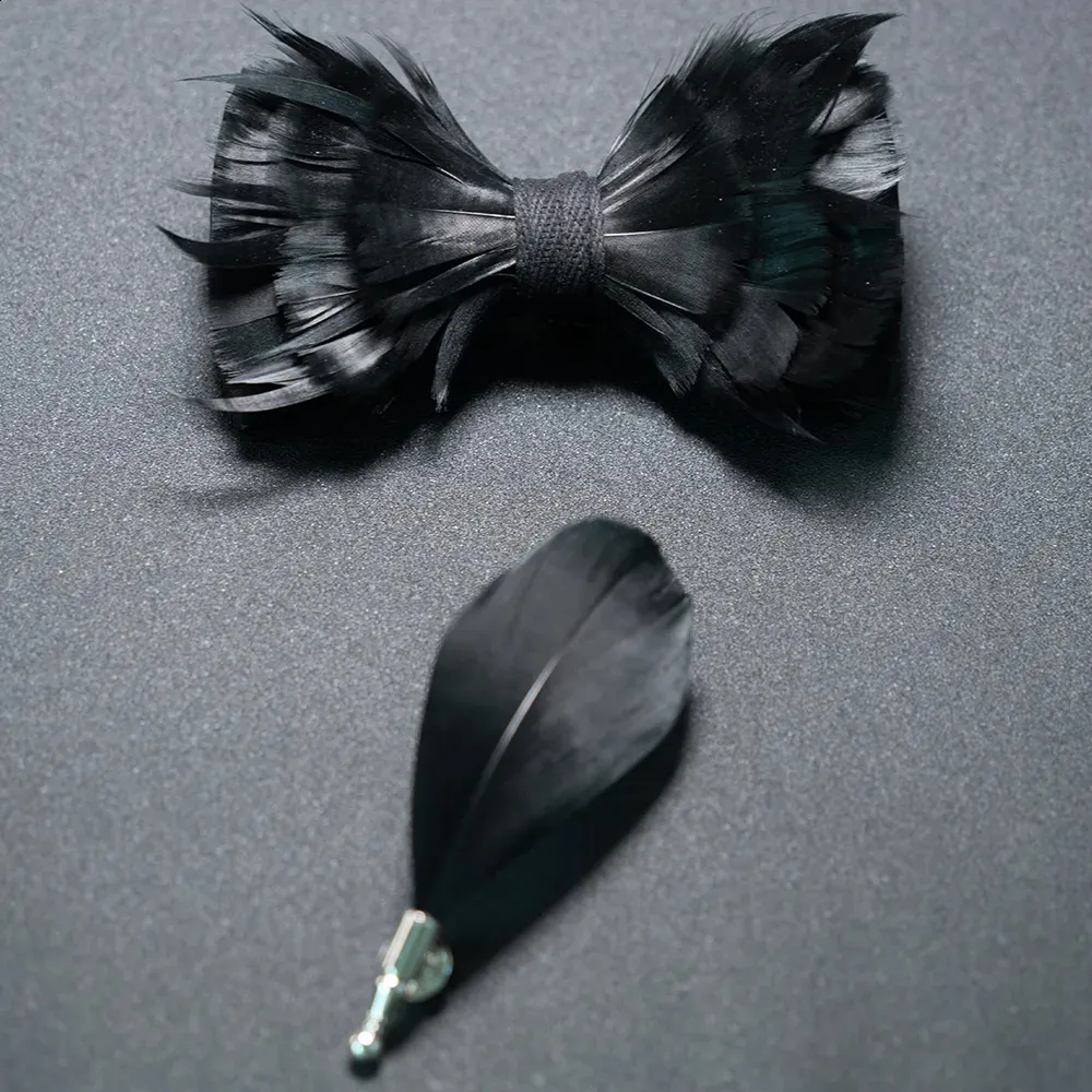 Bow Ties Luxury Wedding Bow Tie للرجال الكلاسيكيين الأسود مسبقًا Bowtie Brooch مجموعة حفلة ريشة الفراشة.