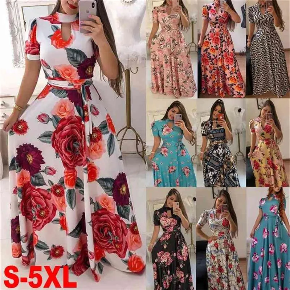 Mulheres verão vestido longo casual floral impressão boho praia maxi dresso-pescoço bandagem elegante senhoras festa vestidos de feata 5xl 210331333r