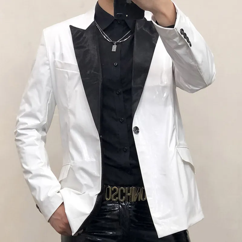 Black Collision Shinny Mirror Pure White Bright Leather Suit Men's Slim Fitting Single Button Banquet Stage Performance Dress