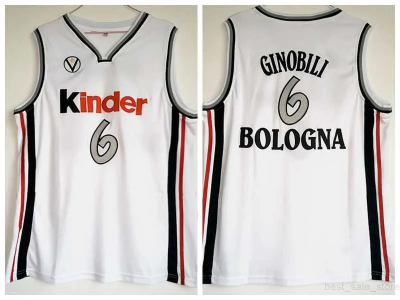 Vente chaude 6 Manu Ginobili Maillots Hommes Blanc Équipe Basketball Kinder Bologne Maillots Ginobili Sport Uniformes Tous Cousus Qualité