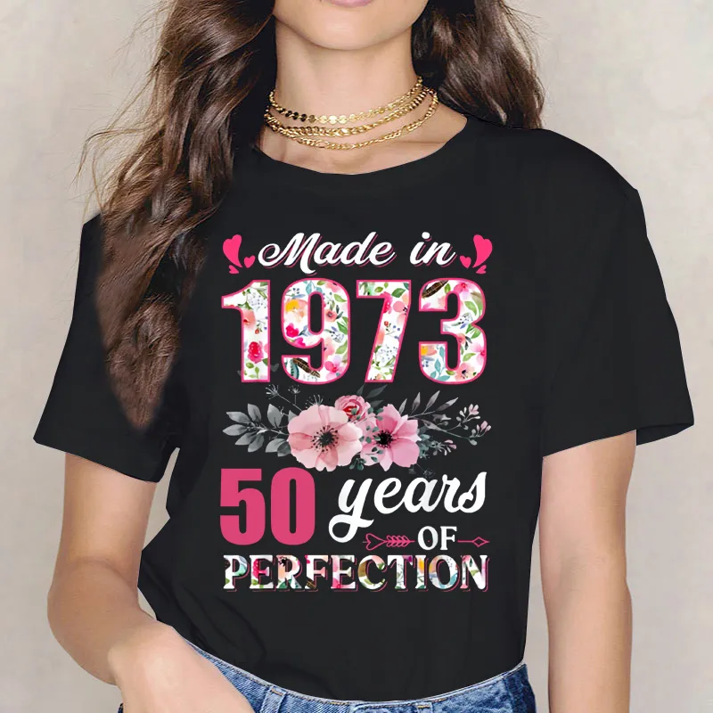 Женская футболка «Сделано в 1973 году». Цветы. 49 лет. 50 жен. Подарок на день рождения. Топ с принтом и повседневным рисунком 230403.