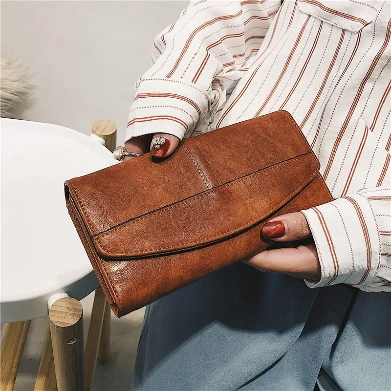 محفظة جلد البقر من الجلد Trifold Wallet Long Pu Pure Hasp Hasp Phone Bag Girl Card Pouch