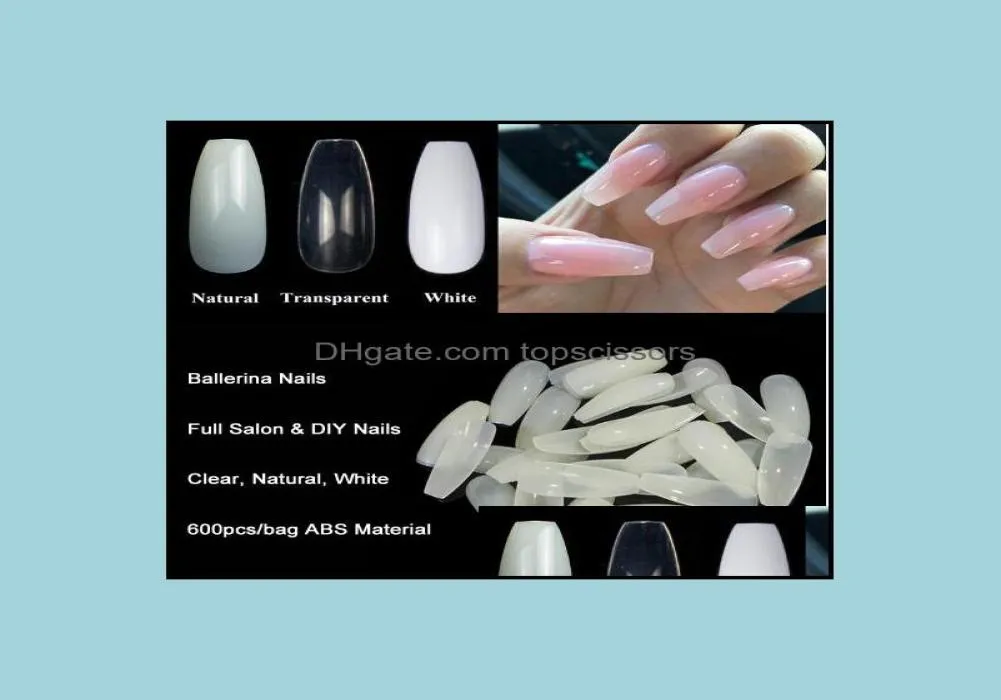 Faux Ongles Nail Art Salon Santé Beauté Entier 600PcsBag Ballerine Conseils TransparentNatural Cercueil Forme Plate Fl Er Manucure 1616078